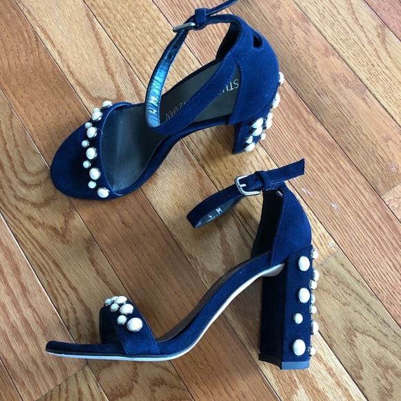 Sz 4 Stuart Weitzman More Pearls Blue Suede Heels - Picture 6 of 8
